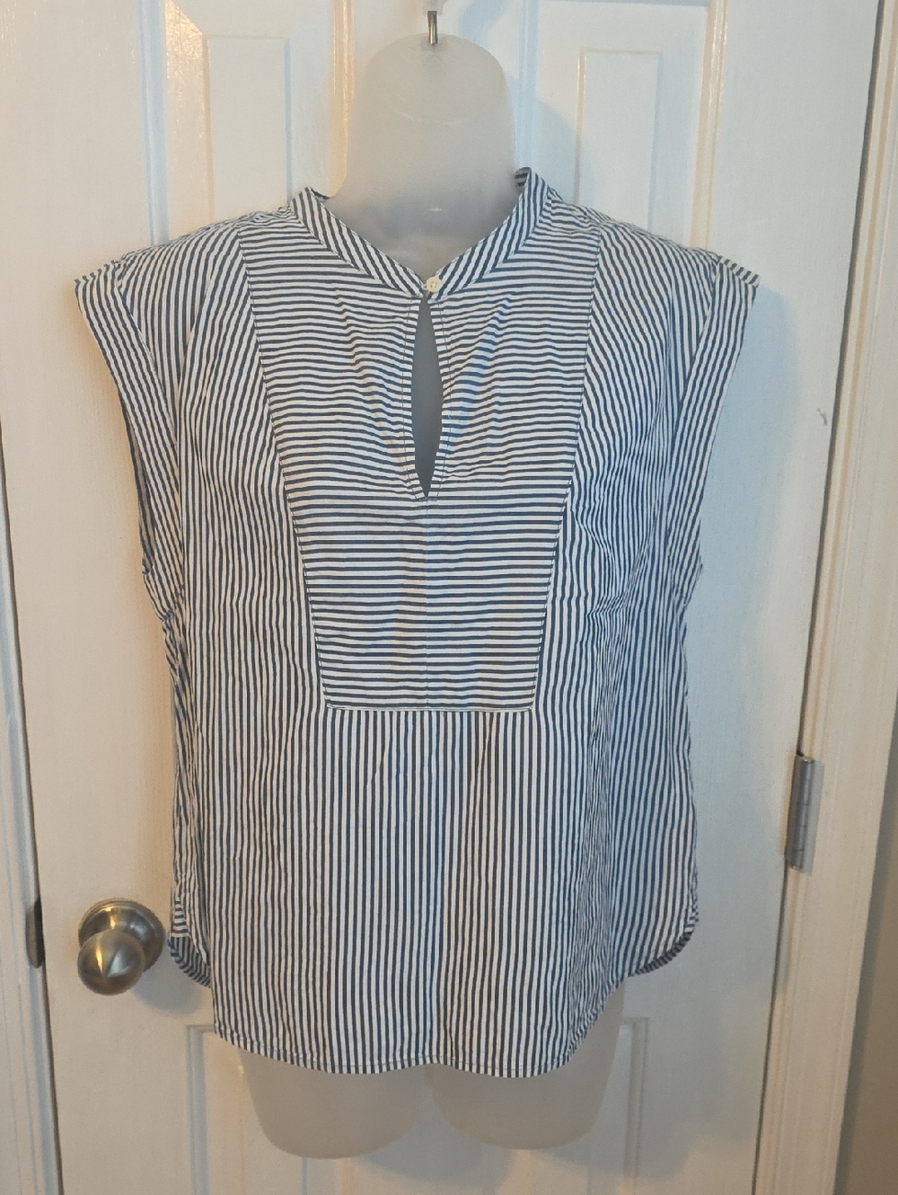 J. Crew Navy & White Striped Cap Sleeve Keyhole Top
